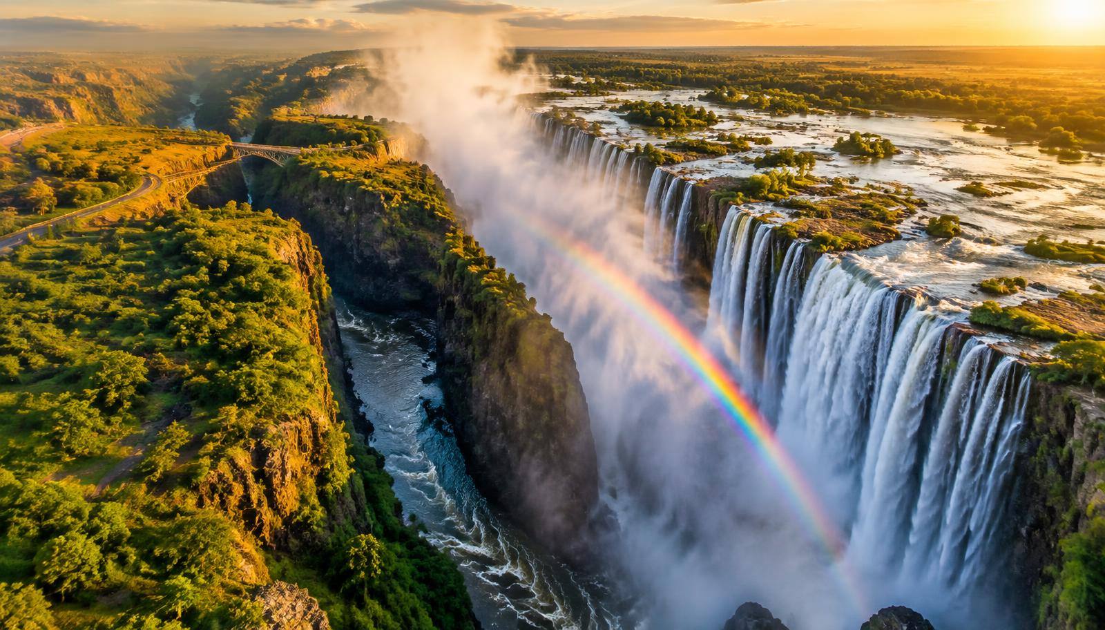 Aerial view of Victoria Falls with mist and a rainbow over the Zambezi gorge